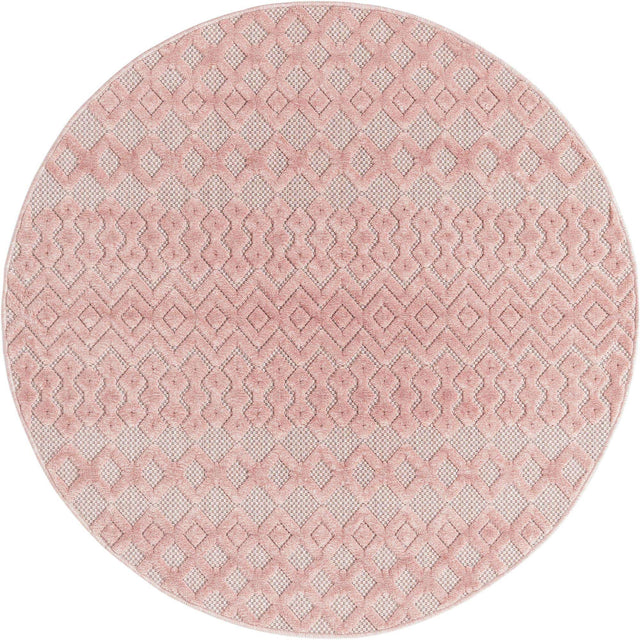 Pink 5' 3 x 5' 3 Outdoor Trellis Textured Round Area Rug Weather Resistant for Patio, Deck, Terrace, Balcony, Porch Geometric Design Water Safe Outside Carpet for Sale at Rug Engine