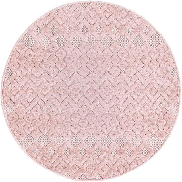 Pink 3' x 3' Outdoor Trellis Textured Round Area Rug Weather Resistant for Patio, Deck, Terrace, Balcony, Porch Geometric Design Water Safe Outside Carpet for Sale at Rug Engine