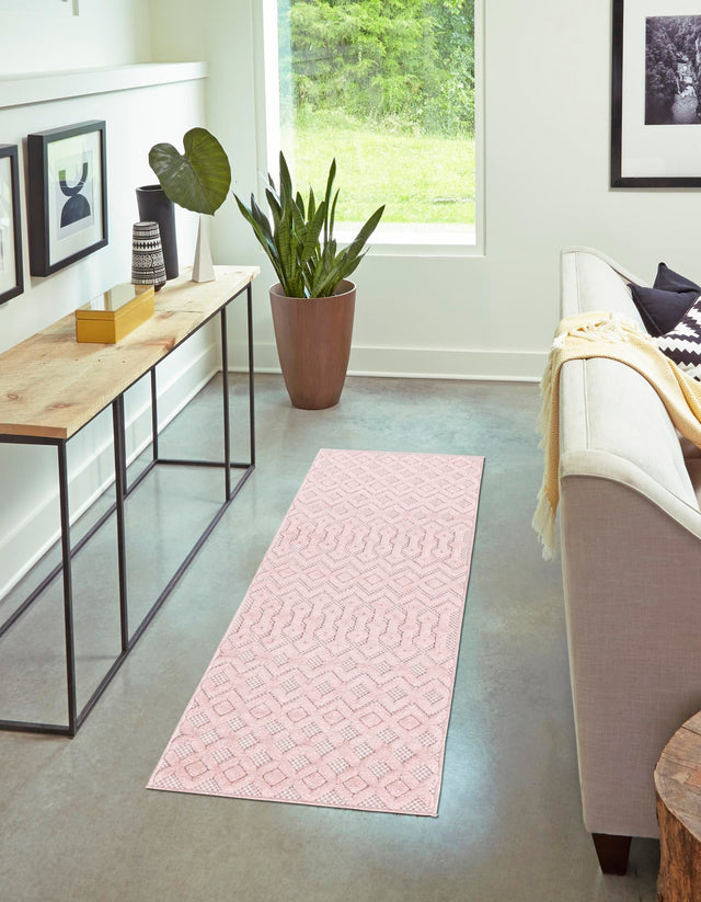 Pink 2' x 6' Outdoor Trellis Textured Runner Area Rug Weather Resistant for Patio, Deck, Terrace, Balcony, Porch Geometric Design Water Safe Outside Carpet for Sale at Rug Engine