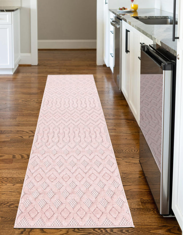 Pink 2' x 6' Outdoor Trellis Textured Runner Area Rug Weather Resistant for Patio, Deck, Terrace, Balcony, Porch Geometric Design Water Safe Outside Carpet for Sale at Rug Engine