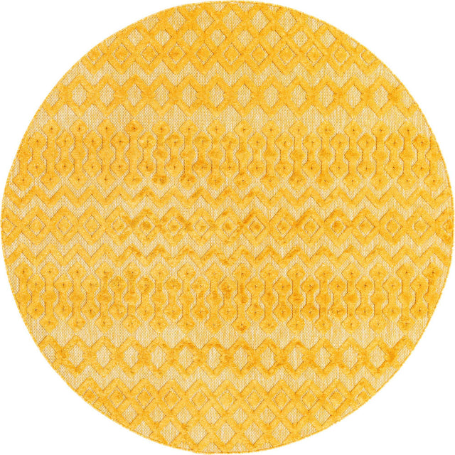 Yellow 7' x 7' Outdoor Trellis Textured Round Area Rug Weather Resistant for Patio, Deck, Terrace, Balcony, Porch Geometric Design Water Safe Outside Carpet for Sale at Rug Engine