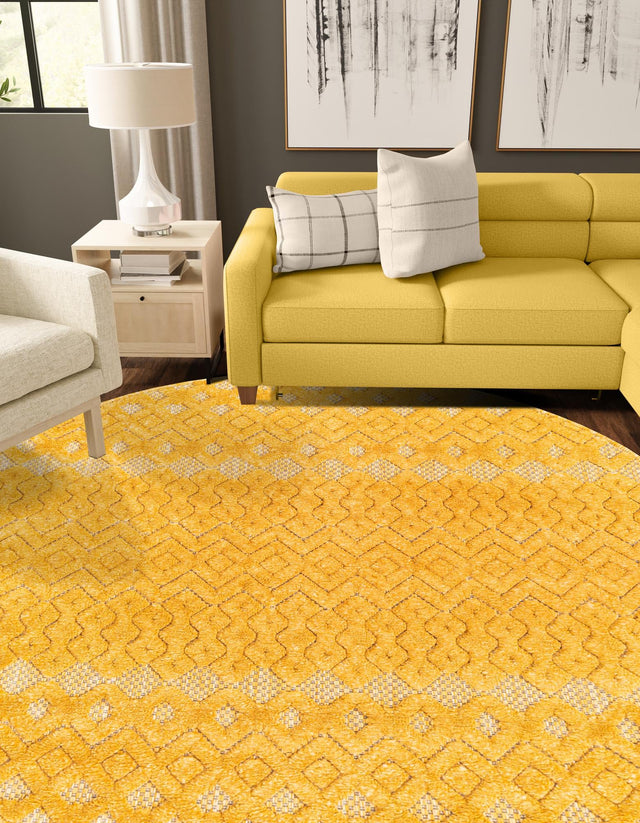 Yellow 7' x 7' Outdoor Trellis Textured Round Area Rug Weather Resistant for Patio, Deck, Terrace, Balcony, Porch Geometric Design Water Safe Outside Carpet for Sale at Rug Engine