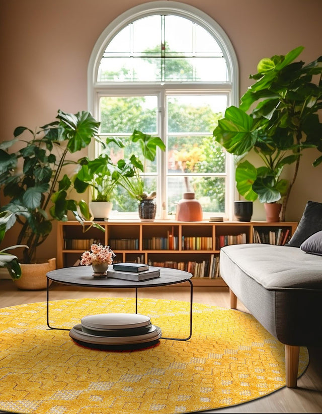 Yellow 5' 3 x 5' 3 Outdoor Trellis Textured Round Area Rug Weather Resistant for Patio, Deck, Terrace, Balcony, Porch Geometric Design Water Safe Outside Carpet for Sale at Rug Engine