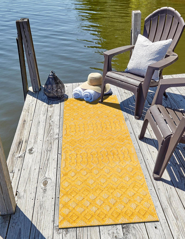 Yellow 2' x 6' Outdoor Trellis Textured Runner Area Rug Weather Resistant for Patio, Deck, Terrace, Balcony, Porch Geometric Design Water Safe Outside Carpet for Sale at Rug Engine
