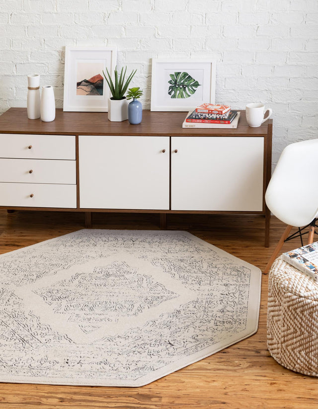 White 7' 10 x 7' 10 Isabella Octagon Area Rug Polypropylene & Polyester Traditional Elegant Carpet for Living Rooms, Dining, Office, Dorms for Sale at Rug Engine