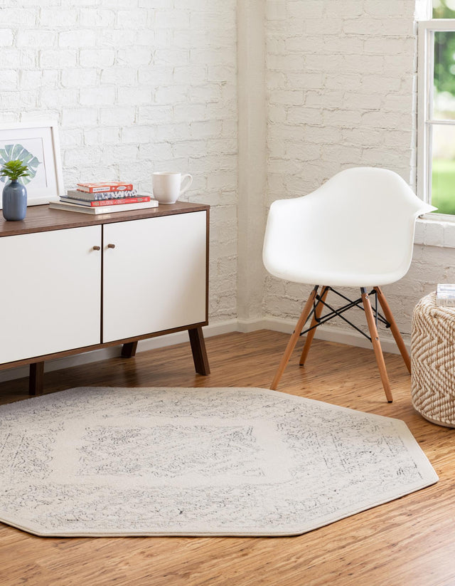 White 7' 10 x 7' 10 Isabella Octagon Area Rug Polypropylene & Polyester Traditional Elegant Carpet for Living Rooms, Dining, Office, Dorms for Sale at Rug Engine