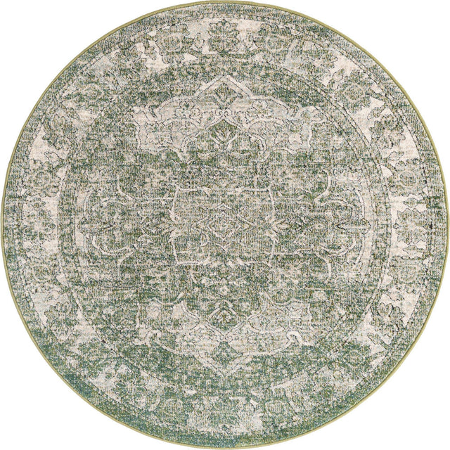 Green 5' 1 x 5' 1 Isabella Round Area Rug Polypropylene & Polyester Traditional Elegant Carpet for Living Rooms, Dining, Office, Dorms for Sale at Rug Engine