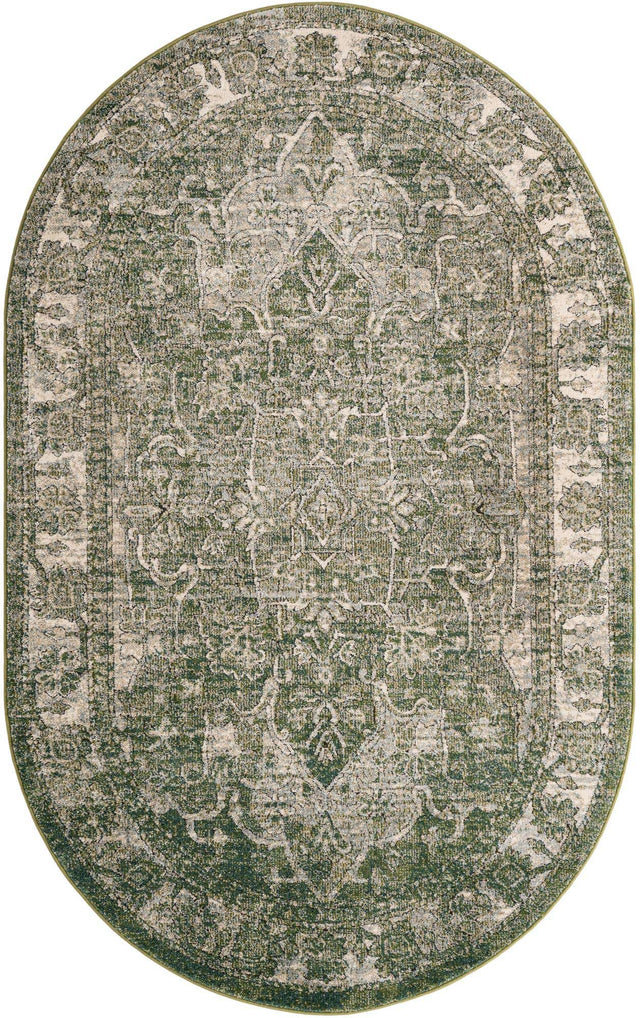 Green 5' 1 x 8' Isabella Oval Area Rug Polypropylene & Polyester Traditional Elegant Carpet for Living Rooms, Dining, Office, Dorms for Sale at Rug Engine