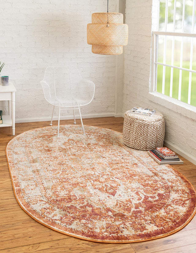 Rust Red 4' 1 x 6' 1 Isabella Oval Area Rug Polypropylene & Polyester Traditional Elegant Carpet for Living Rooms, Dining, Office, Dorms for Sale at Rug Engine