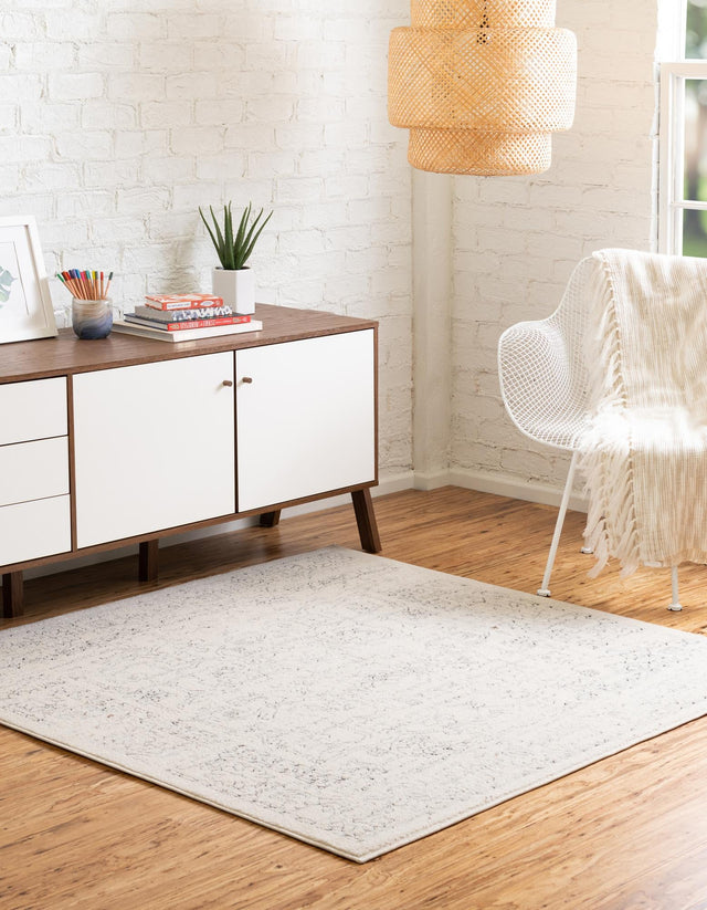 White 4' 1 x 4' 1 Isabella Square Area Rug Polypropylene & Polyester Traditional Elegant Carpet for Living Rooms, Dining, Office, Dorms for Sale at Rug Engine