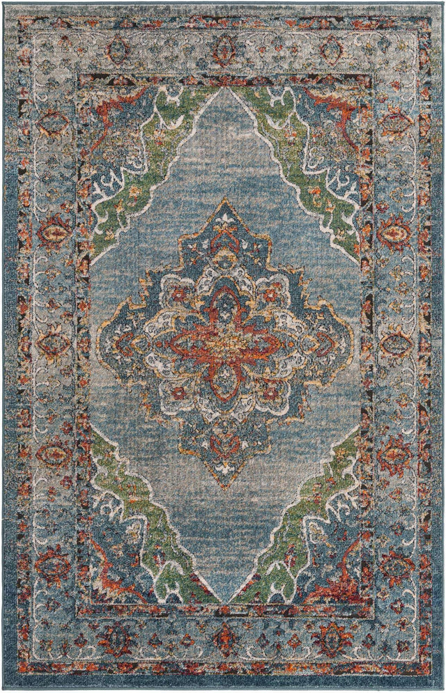 Blue 5' 1 x 8' Isabella Rectangle Area Rug Polypropylene & Polyester Traditional Elegant Carpet for Living Rooms, Dining, Office, Dorms for Sale at Rug Engine