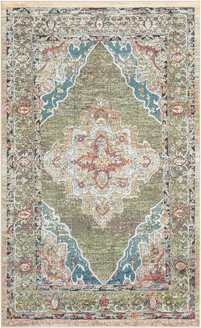 Green 5' 1 x 8' Isabella Rectangle Area Rug Polypropylene & Polyester Traditional Elegant Carpet for Living Rooms, Dining, Office, Dorms for Sale at Rug Engine