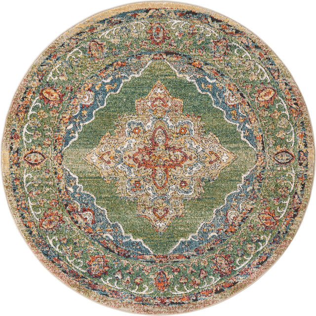 Green 5' 1 x 5' 1 Isabella Round Area Rug Polypropylene & Polyester Traditional Elegant Carpet for Living Rooms, Dining, Office, Dorms for Sale at Rug Engine