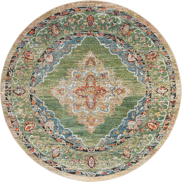 Green 7' 10 x 7' 10 Isabella Round Area Rug Polypropylene & Polyester Traditional Elegant Carpet for Living Rooms, Dining, Office, Dorms for Sale at Rug Engine