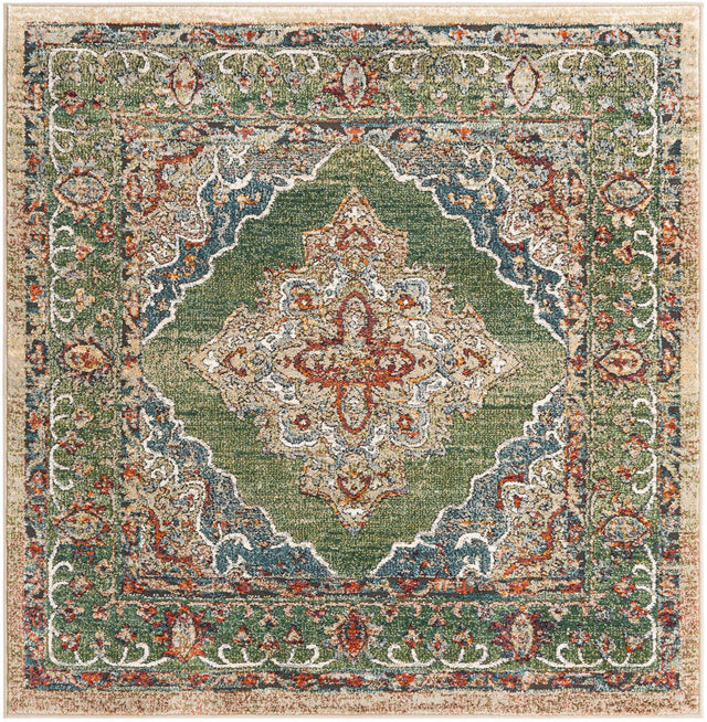 Green 5' 1 x 5' 1 Isabella Square Area Rug Polypropylene & Polyester Traditional Elegant Carpet for Living Rooms, Dining, Office, Dorms for Sale at Rug Engine
