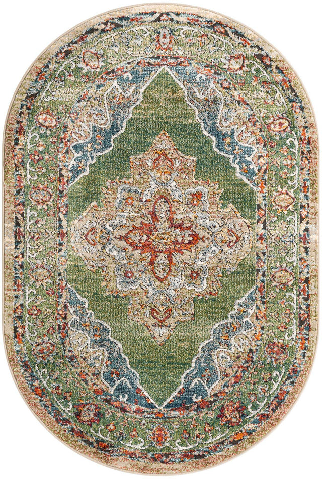 Green 4' 1 x 6' 1 Isabella Oval Area Rug Polypropylene & Polyester Traditional Elegant Carpet for Living Rooms, Dining, Office, Dorms for Sale at Rug Engine