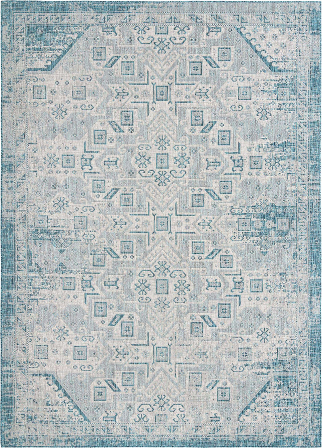Teal 10' x 14' 1 Outdoor Aztec Rectangle Area Rug Weather Resistant for Patio, Deck, Terrace, Balcony, Porch 100% Polypropylene Traditional Carpet Mat for Sale at Rug Engine