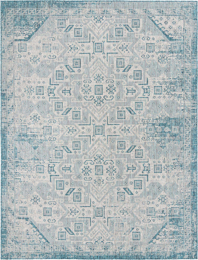 Teal 10' x 13' 1 Outdoor Aztec Rectangle Area Rug Weather Resistant for Patio, Deck, Terrace, Balcony, Porch 100% Polypropylene Traditional Carpet Mat for Sale at Rug Engine