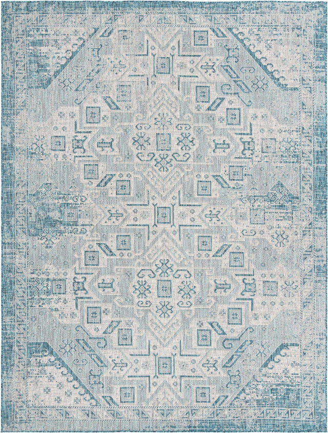 Teal 9' x 12' Outdoor Aztec Rectangle Area Rug Weather Resistant for Patio, Deck, Terrace, Balcony, Porch 100% Polypropylene Traditional Carpet Mat for Sale at Rug Engine