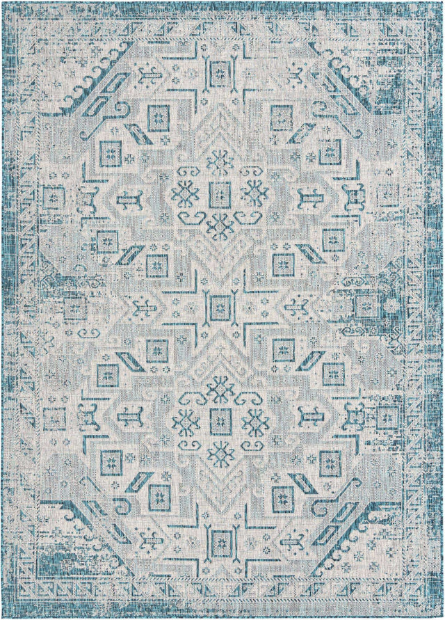 Teal 7' 10 x 11' Outdoor Aztec Rectangle Area Rug Weather Resistant for Patio, Deck, Terrace, Balcony, Porch 100% Polypropylene Traditional Carpet Mat for Sale at Rug Engine