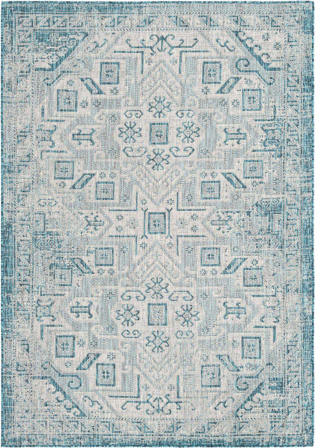 Teal 6' 1 x 9' Outdoor Aztec Rectangle Area Rug Weather Resistant for Patio, Deck, Terrace, Balcony, Porch 100% Polypropylene Traditional Carpet Mat for Sale at Rug Engine