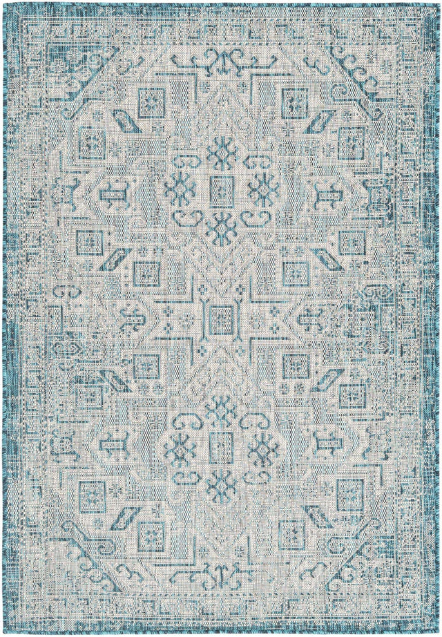 Teal 4' 1 x 6' 1 Outdoor Aztec Rectangle Area Rug Weather Resistant for Patio, Deck, Terrace, Balcony, Porch 100% Polypropylene Traditional Carpet Mat for Sale at Rug Engine