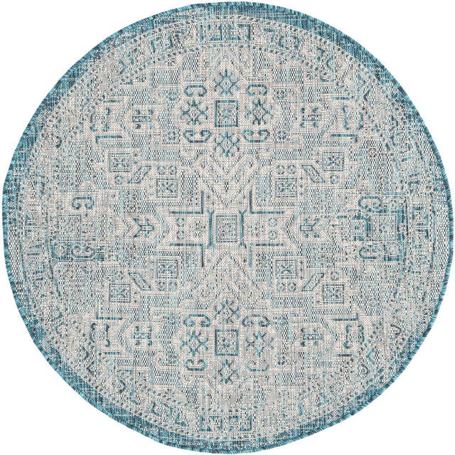 Teal 4' 1 x 4' 1 Outdoor Aztec Round Area Rug Weather Resistant for Patio, Deck, Terrace, Balcony, Porch 100% Polypropylene Traditional Carpet Mat for Sale at Rug Engine