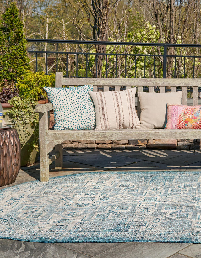 Teal 3' 1 x 5' 3 Outdoor Aztec Oval Area Rug Weather Resistant for Patio, Deck, Terrace, Balcony, Porch 100% Polypropylene Traditional Carpet Mat for Sale at Rug Engine