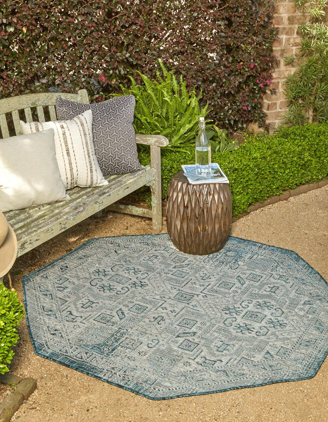 Teal 7' 10 x 7' 10 Outdoor Aztec Octagon Area Rug Weather Resistant for Patio, Deck, Terrace, Balcony, Porch 100% Polypropylene Traditional Carpet Mat for Sale at Rug Engine