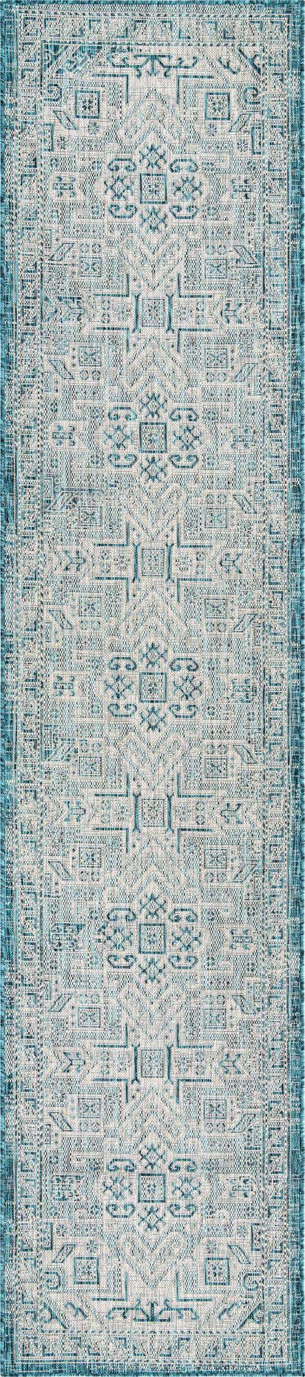 Teal 2' 7 x 12' Outdoor Aztec Runner Area Rug Weather Resistant for Patio, Deck, Terrace, Balcony, Porch 100% Polypropylene Traditional Carpet Mat for Sale at Rug Engine