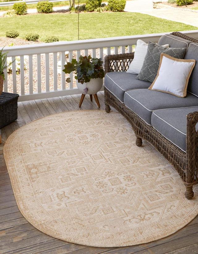 Natural 5' 3 x 8' Outdoor Aztec Oval Area Rug Weather Resistant for Patio, Deck, Terrace, Balcony, Porch 100% Polypropylene Traditional Carpet Mat for Sale at Rug Engine