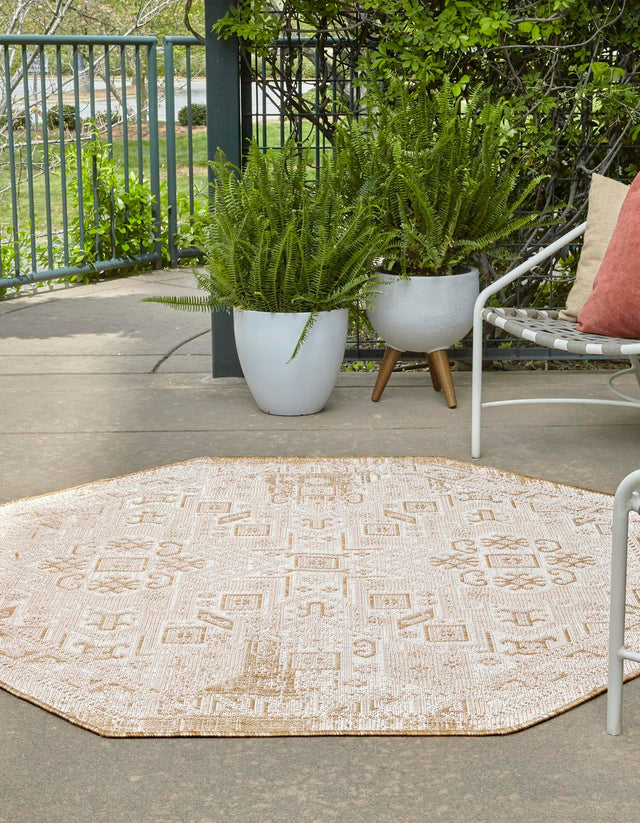 Natural 5' 3 x 5' 3 Outdoor Aztec Octagon Area Rug Weather Resistant for Patio, Deck, Terrace, Balcony, Porch 100% Polypropylene Traditional Carpet Mat for Sale at Rug Engine