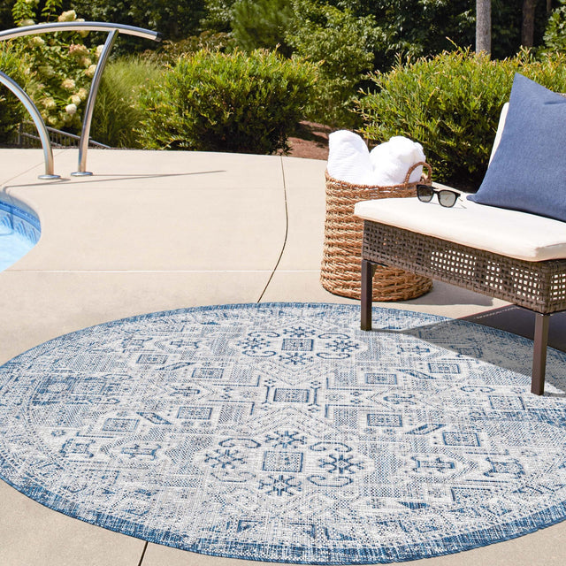 Blue 10' x 10' Outdoor Aztec Round Area Rug Weather Resistant for Patio, Deck, Terrace, Balcony, Porch 100% Polypropylene Traditional Carpet Mat for Sale at Rug Engine
