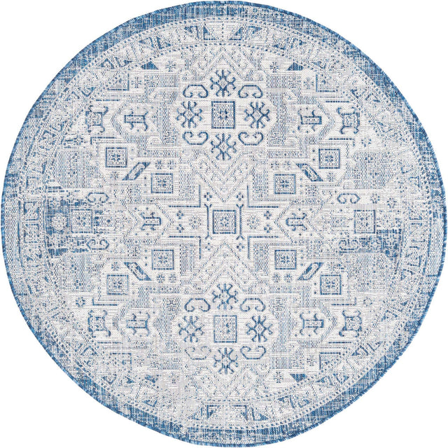 Blue 5' 3 x 5' 3 Outdoor Aztec Round Area Rug Weather Resistant for Patio, Deck, Terrace, Balcony, Porch 100% Polypropylene Traditional Carpet Mat for Sale at Rug Engine