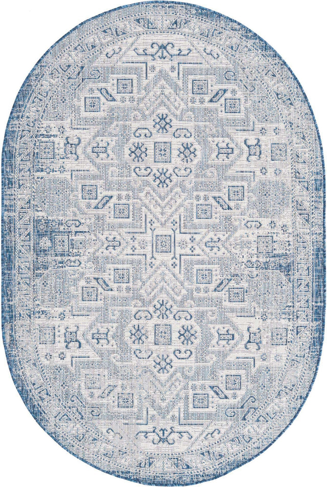 Blue 5' 3 x 8' Outdoor Aztec Oval Area Rug Weather Resistant for Patio, Deck, Terrace, Balcony, Porch 100% Polypropylene Traditional Carpet Mat for Sale at Rug Engine