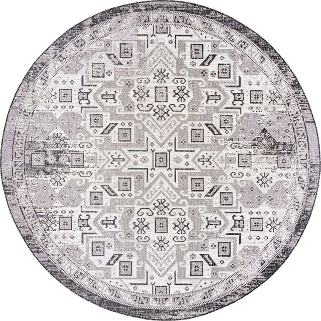 Charcoal Gray 10' x 10' Outdoor Aztec Round Area Rug Weather Resistant for Patio, Deck, Terrace, Balcony, Porch 100% Polypropylene Traditional Carpet Mat for Sale at Rug Engine