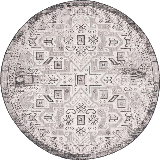 Charcoal Gray 7' 10 x 7' 10 Outdoor Aztec Round Area Rug Weather Resistant for Patio, Deck, Terrace, Balcony, Porch 100% Polypropylene Traditional Carpet Mat for Sale at Rug Engine