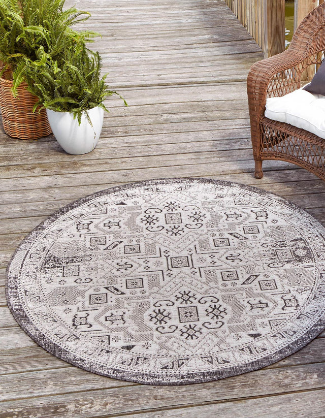 Charcoal Gray 6' 1 x 6' 1 Outdoor Aztec Round Area Rug Weather Resistant for Patio, Deck, Terrace, Balcony, Porch 100% Polypropylene Traditional Carpet Mat for Sale at Rug Engine