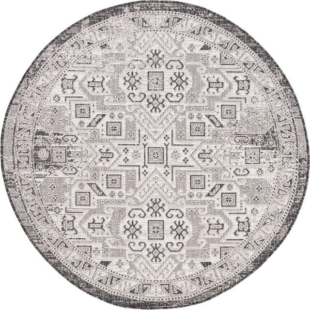 Charcoal Gray 5' 3 x 5' 3 Outdoor Aztec Round Area Rug Weather Resistant for Patio, Deck, Terrace, Balcony, Porch 100% Polypropylene Traditional Carpet Mat for Sale at Rug Engine