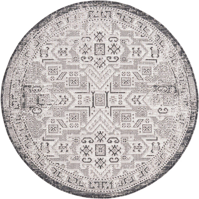 Charcoal Gray 4' 1 x 4' 1 Outdoor Aztec Round Area Rug Weather Resistant for Patio, Deck, Terrace, Balcony, Porch 100% Polypropylene Traditional Carpet Mat for Sale at Rug Engine