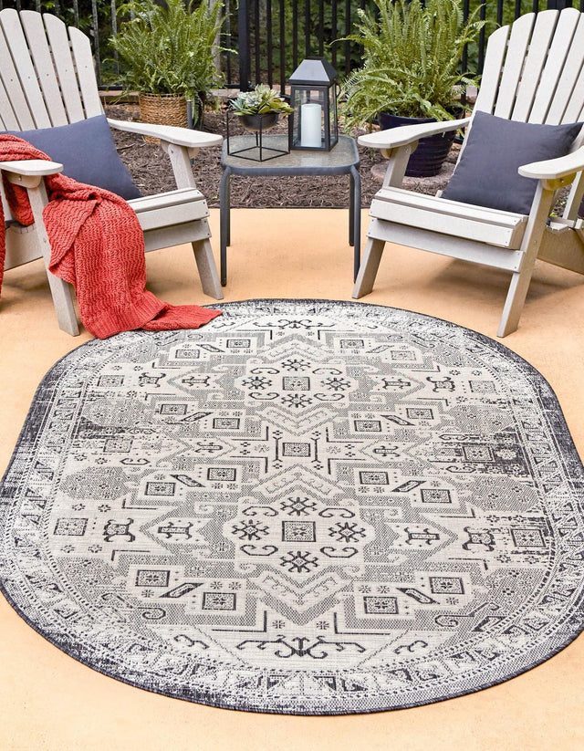 Charcoal Gray 3' 1 x 5' 3 Outdoor Aztec Oval Area Rug Weather Resistant for Patio, Deck, Terrace, Balcony, Porch 100% Polypropylene Traditional Carpet Mat for Sale at Rug Engine