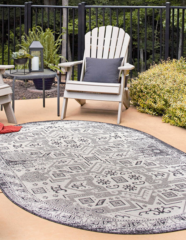 Charcoal Gray 3' 1 x 5' 3 Outdoor Aztec Oval Area Rug Weather Resistant for Patio, Deck, Terrace, Balcony, Porch 100% Polypropylene Traditional Carpet Mat for Sale at Rug Engine