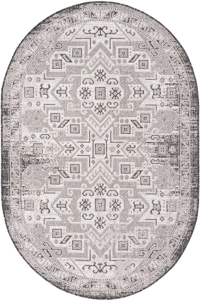 Charcoal Gray 5' 3 x 8' Outdoor Aztec Oval Area Rug Weather Resistant for Patio, Deck, Terrace, Balcony, Porch 100% Polypropylene Traditional Carpet Mat for Sale at Rug Engine