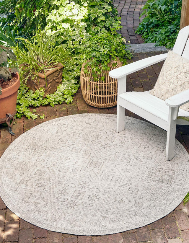Light Gray 3' 1 x 3' 1 Outdoor Aztec Round Area Rug Weather Resistant for Patio, Deck, Terrace, Balcony, Porch 100% Polypropylene Traditional Carpet Mat for Sale at Rug Engine