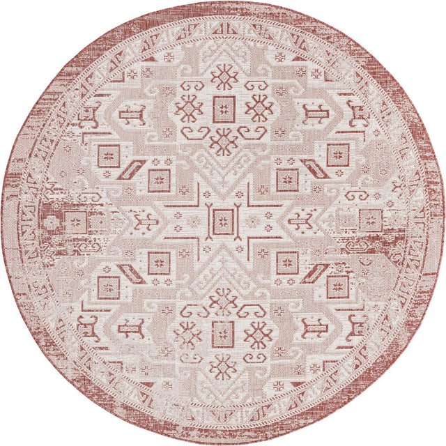 Rust Red 7' 10 x 7' 10 Outdoor Aztec Round Area Rug Weather Resistant for Patio, Deck, Terrace, Balcony, Porch 100% Polypropylene Traditional Carpet Mat for Sale at Rug Engine