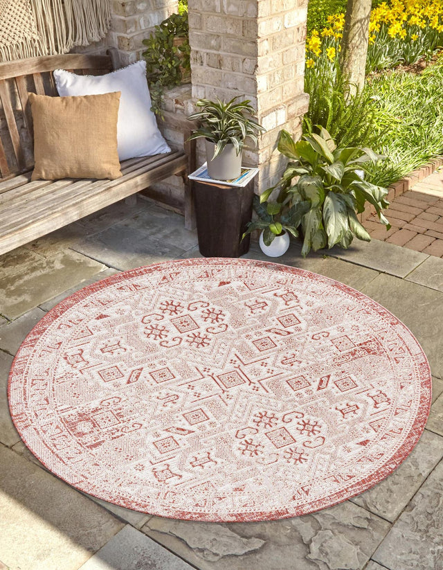 Rust Red 5' 3 x 5' 3 Outdoor Aztec Round Area Rug Weather Resistant for Patio, Deck, Terrace, Balcony, Porch 100% Polypropylene Traditional Carpet Mat for Sale at Rug Engine