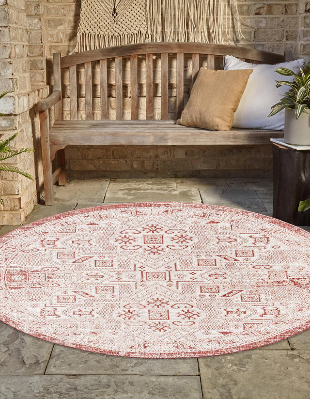 Rust Red 5' 3 x 5' 3 Outdoor Aztec Round Area Rug Weather Resistant for Patio, Deck, Terrace, Balcony, Porch 100% Polypropylene Traditional Carpet Mat for Sale at Rug Engine