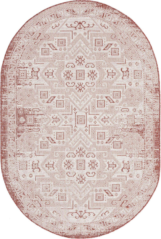 Rust Red 5' 3 x 8' Outdoor Aztec Oval Area Rug Weather Resistant for Patio, Deck, Terrace, Balcony, Porch 100% Polypropylene Traditional Carpet Mat for Sale at Rug Engine