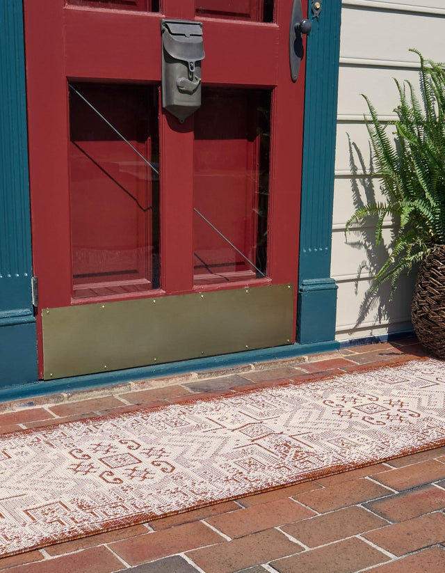 Rust Red 2' x 8' Outdoor Aztec Runner Area Rug Weather Resistant for Patio, Deck, Terrace, Balcony, Porch 100% Polypropylene Traditional Carpet Mat for Sale at Rug Engine