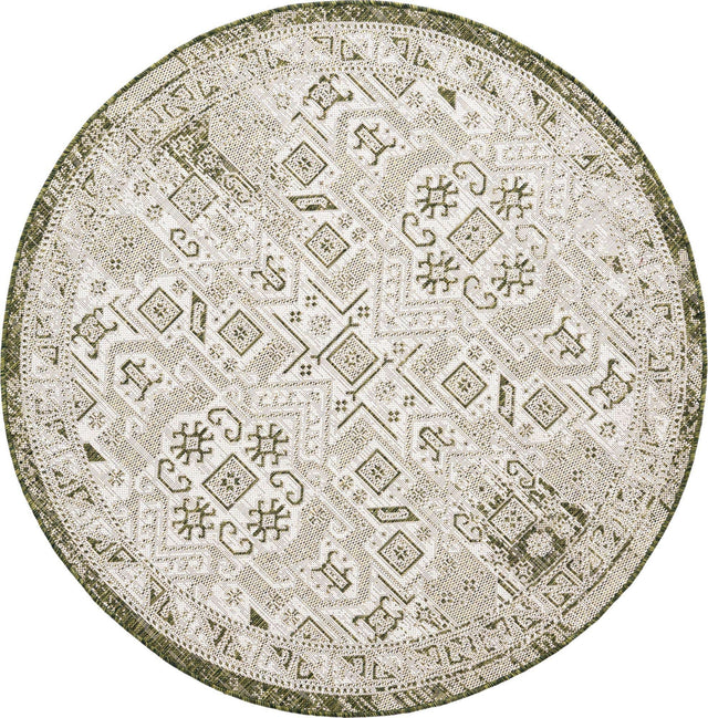 Green 5' 3 x 5' 3 Outdoor Aztec Round Area Rug Weather Resistant for Patio, Deck, Terrace, Balcony, Porch 100% Polypropylene Traditional Carpet Mat for Sale at Rug Engine